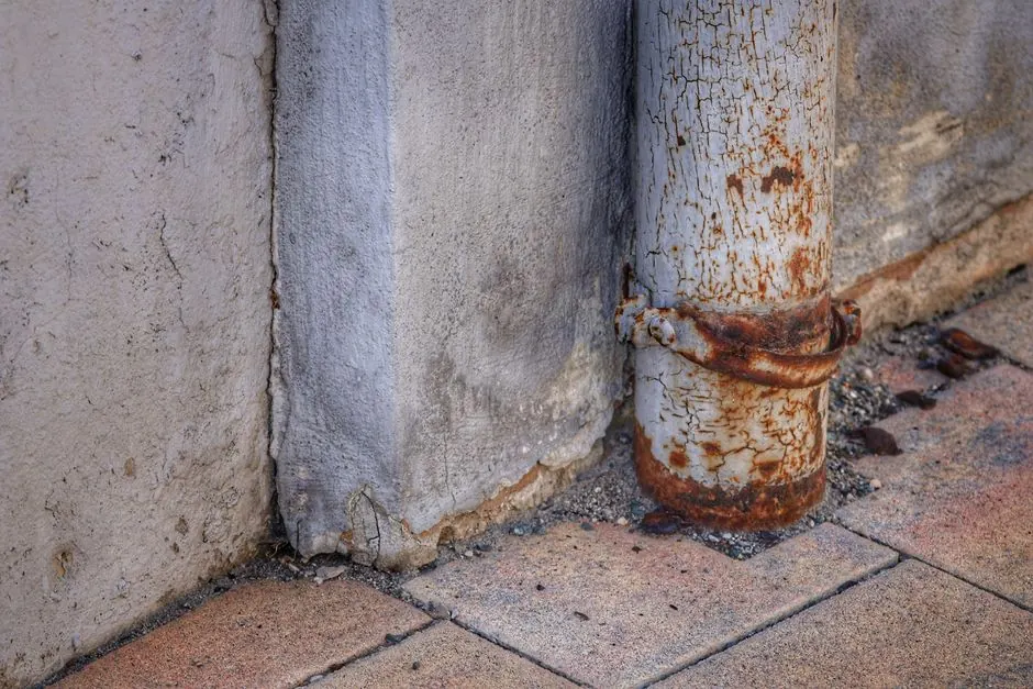 An old corroded pipe at the base of a wall
