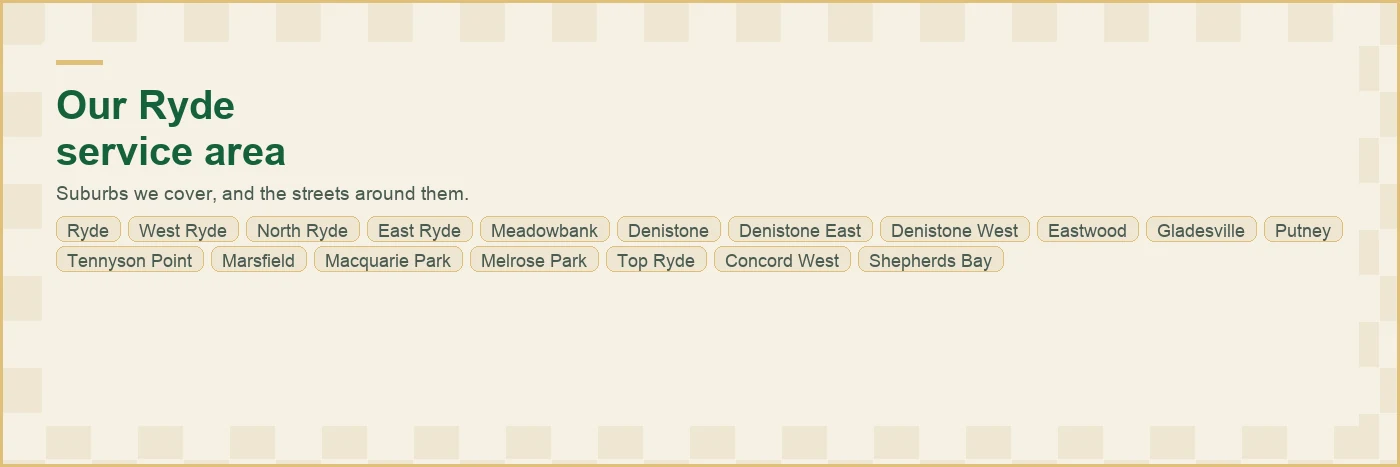 Map of the Ryde plumbing service area with all 20 suburbs we cover labelled, from Ryde and Concord West through Ryde and North Ryde to Denistone, Denistone East, Top Ryde and Melrose Park